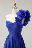 Corset bleu royal à une épaule Une ligne en satin longue Robe De Soirée avec fente