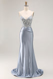 Robe De Soirée longue corset perlée sirène bleu gris avec appliques