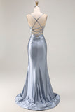 Robe De Soirée longue corset perlée sirène bleu gris avec appliques