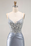 Robe De Soirée longue corset perlée sirène bleu gris avec appliques