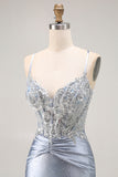 Robe De Soirée longue corset perlée sirène bleu gris avec appliques