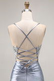 Robe De Soirée longue corset perlée sirène bleu gris avec appliques