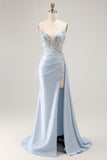 Robe De Soirée longue corset sirène bleu clair avec fente