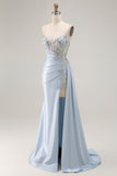 Robe De Soirée longue corset sirène bleu clair avec fente