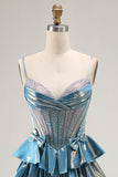 Robe de soirée longue trapèze bleu métallisé à corset ornée de perles