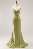 Robe de bal longue perlée corset sirène verte avec dentelle dans le dos