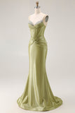Robe de bal longue perlée corset sirène verte avec dentelle dans le dos