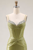 Robe de bal longue perlée corset sirène verte avec dentelle dans le dos
