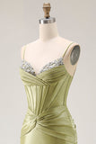 Robe de bal longue perlée corset sirène verte avec dentelle dans le dos