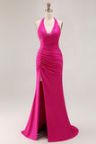Robe de soirée longue sirène froncée dos nu fuchsia avec fente