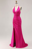 Robe de soirée longue sirène froncée dos nu fuchsia avec fente