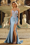 Robe de soirée longue gris bleu sweetheart sirène appliquée corset perlé avec fente