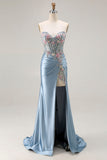 Robe de soirée longue gris bleu sweetheart sirène appliquée corset perlé avec fente