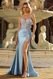 Robe de soirée longue gris bleu sweetheart sirène appliquée corset perlé avec fente