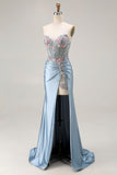 Robe de soirée longue sirène gris bleu à corset perlé et appliqué décolleté cœur avec fente