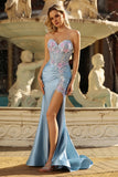Robe de soirée longue gris bleu sweetheart sirène appliquée corset perlé avec fente