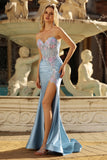 Robe de soirée longue gris bleu sweetheart sirène appliquée corset perlé avec fente