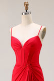 Robe de soirée sirène rouge en satin froncé à bretelles spaghetti corset longue