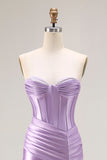 Robe de soirée sirène violette à bretelles fines corset plissé avec fente