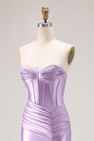 Robe de soirée sirène violette à bretelles fines corset plissé avec fente