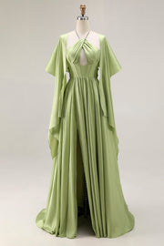 Robe de soirée longue vert sauge en satin à corset et manches cape avec décolleté goutte d’eau