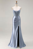Robe de soirée longue sirène bleu gris à corset perlé et jupe plissée avec fente
