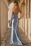 Robe de soirée sirène gris bleu corset perlé longue plissée avec fente