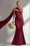 Robe longue de bal de bal satin satin sirène sans bretelles bordeaux avec serpentin