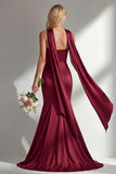 Robe longue de bal de bal satin satin sirène sans bretelles bordeaux avec serpentin