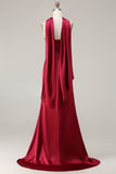 Robe longue de bal de bal satin satin sirène sans bretelles bordeaux avec serpentin