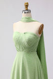 Robe longue longue de demoiselle d’honneur décapotable plissée à points verts blancs A Line