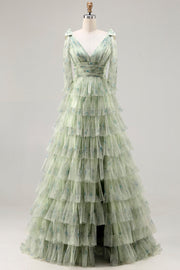 Robe de bal longue à fleurs à volants verts à volants en A avec fente