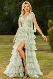 Robe de bal longue en tulle à volants à volants verts avec fente