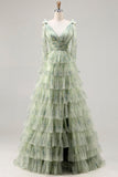 Robe de bal longue à fleurs à volants verts à volants en A avec fente