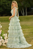 Robe de bal longue en tulle à volants à volants verts avec fente