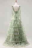 Robe de bal longue à fleurs à volants verts à volants en A avec fente