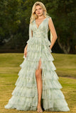 Robe de bal longue en tulle à volants à volants verts avec fente