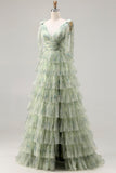 Robe de bal longue à fleurs à volants verts à volants en A avec fente