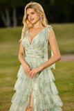 Robe de bal longue en tulle à volants à volants verts avec fente
