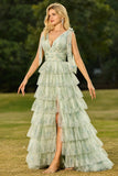 Robe de bal longue en tulle à volants à volants verts avec fente
