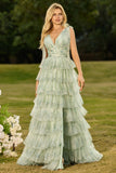 Robe de bal longue en tulle à volants à volants verts avec fente