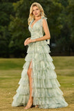 Robe de bal longue en tulle à volants à volants verts avec fente