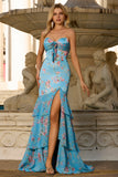 Robe de bal longue sirène à volants bleu fleurie et fente