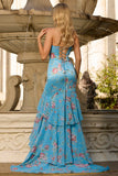 Robe de bal longue sirène à volants bleu fleurie et fente