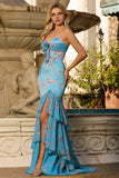 Robe de bal longue sirène à volants bleu fleurie et fente