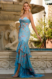 Robe de bal longue sirène à volants bleu fleurie et fente