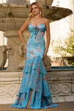 Robe de bal longue sirène à volants bleu fleurie et fente