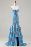 Robe de soirée longue coupe sirène bleu à fleurs avec volants