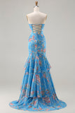 Robe de soirée longue coupe sirène bleu à fleurs avec volants