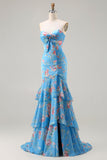Robe de soirée longue coupe sirène bleu à fleurs avec volants